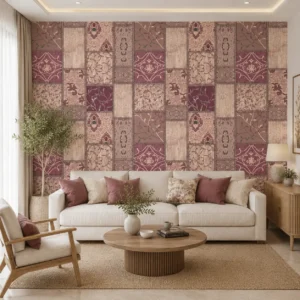 Rustic Bohemian Tile Pattern Vintage Patchwork Floral Wallpaper