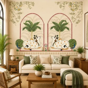 Traditional Indian Sacred Cow & Peacock Wallpaper for Pooja Room