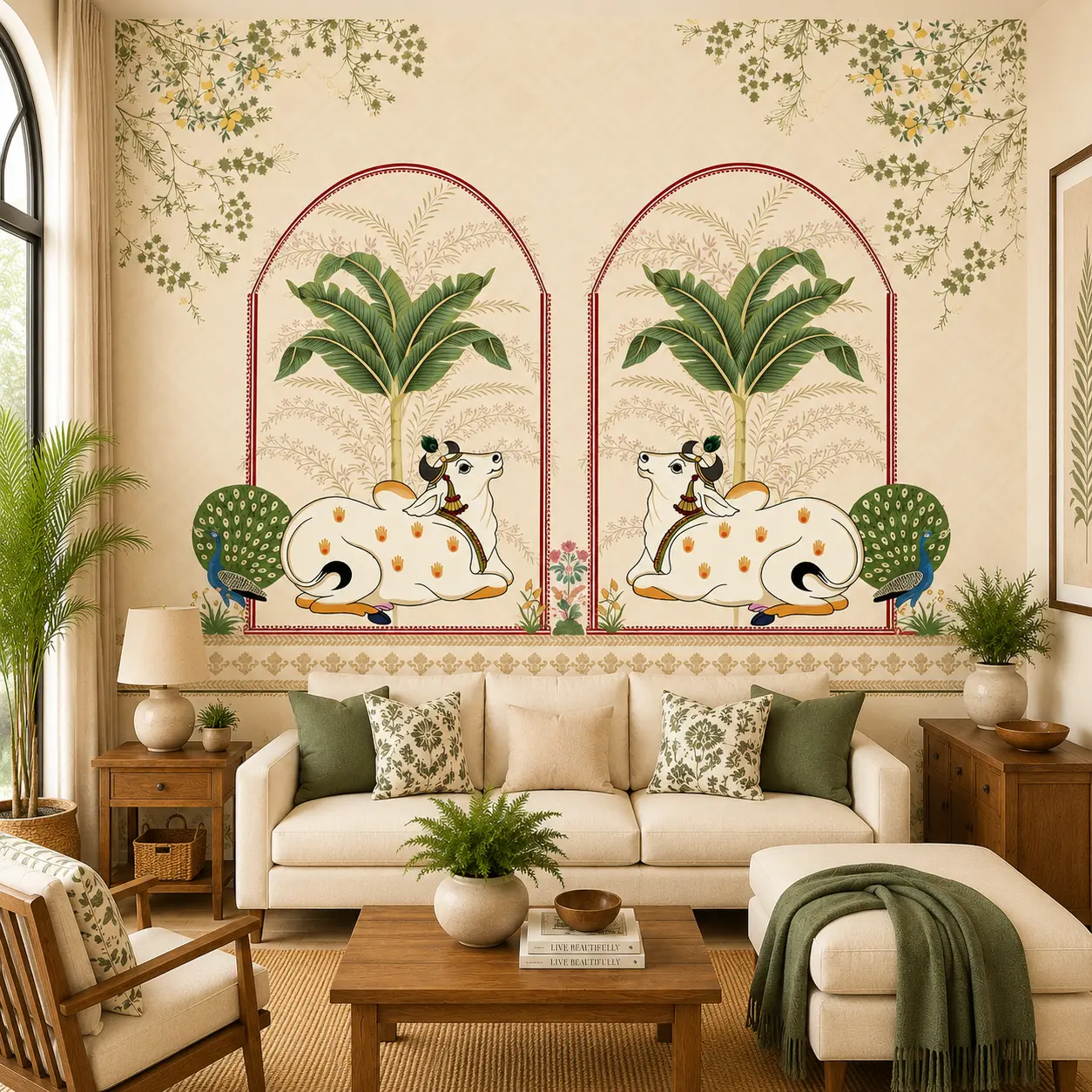 Traditional Indian Sacred Cow & Peacock Wallpaper for Pooja Room 1 Traditional Indian Sacred Cow & Peacock Wallpaper for Pooja Room