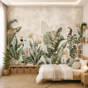 Tropical Botanical Jungle Leaf Wallpaper with Toucans & Bird of Paradise