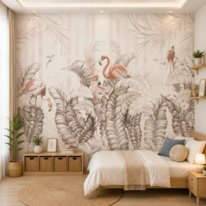 Tropical Flamingo Botanical Wallpaper, Vintage