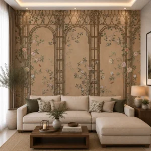Vintage Garden Arch Wallpaper with Floral Trellis Design