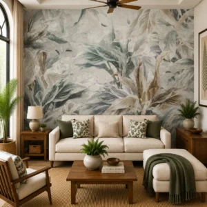 Vintage Tropical Botanical Textured Neutral Palm Leaf Design Wallpaper