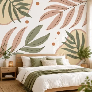 Abstract Botanical Leaf and Earth Tone Line Art Wallpaper
