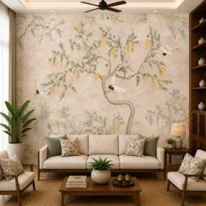 Asian Art, Elegant Crane & Blossom Tree Wallpaper