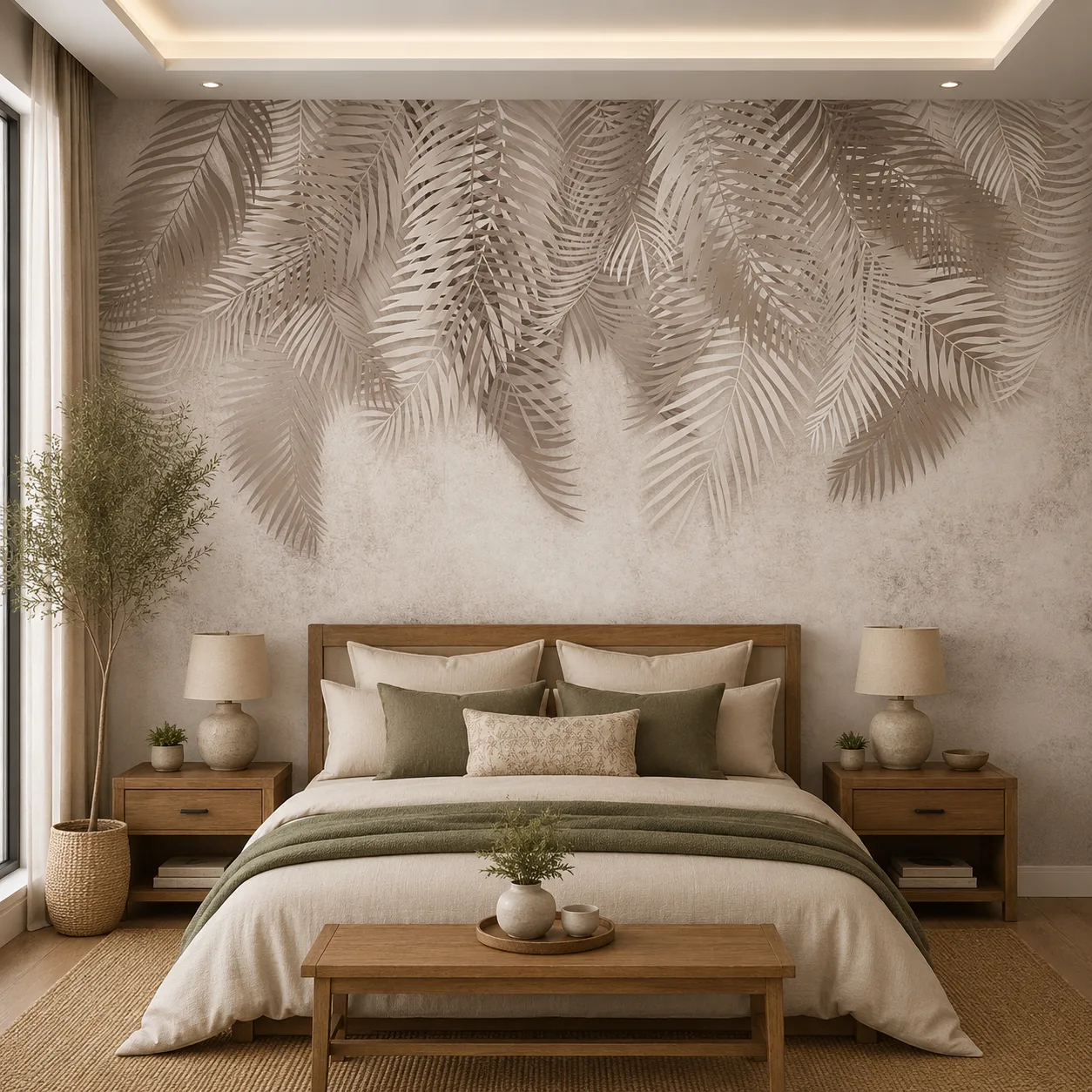 Beige, Modern Tropical Palm Leaf Wallpaper 1 Beige, Modern Tropical Palm Leaf Wallpaper