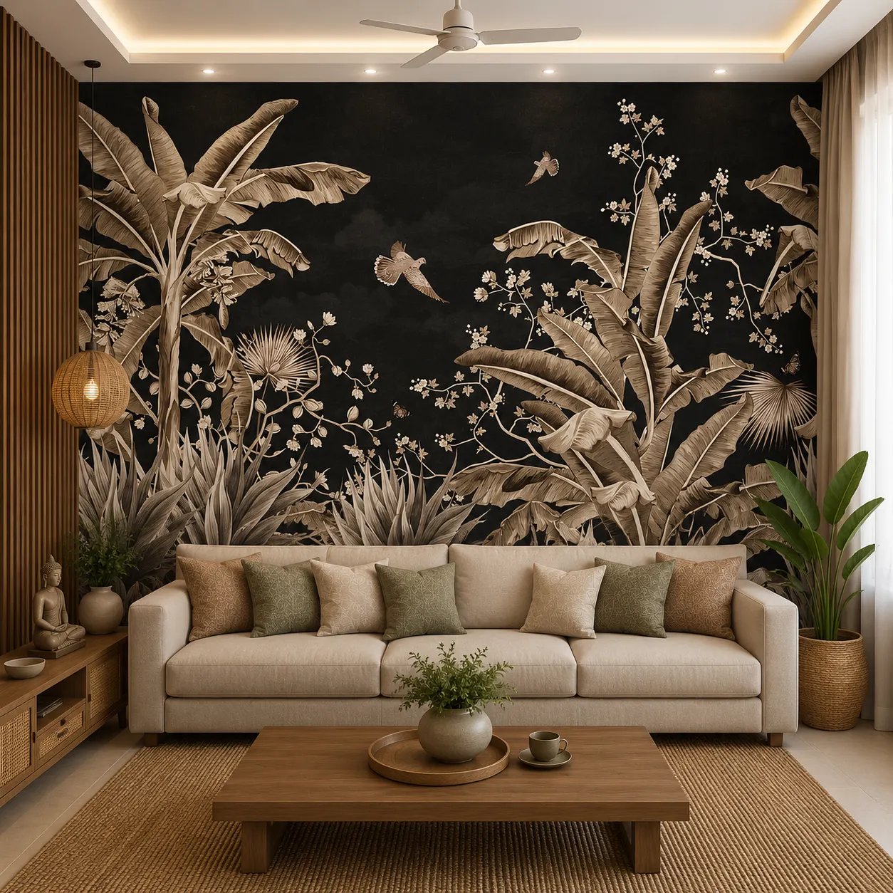 Black Tropical Botanical Wallpaper with Banana Leaves & Exotic Birds 1 Black Tropical Botanical Wallpaper with Banana Leaves & Exotic Birds