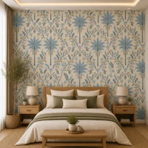 Blue Beige Pattern Palm & Floral Motif Wallpaper