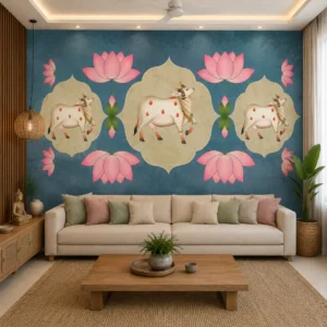 Blue Heritage Art, Indian Cow & Lotus Wallpaper
