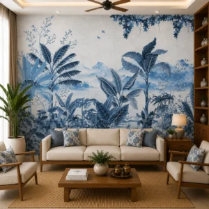 Blue Tropical Palm & Banana Leaf Botanical Wallpaper