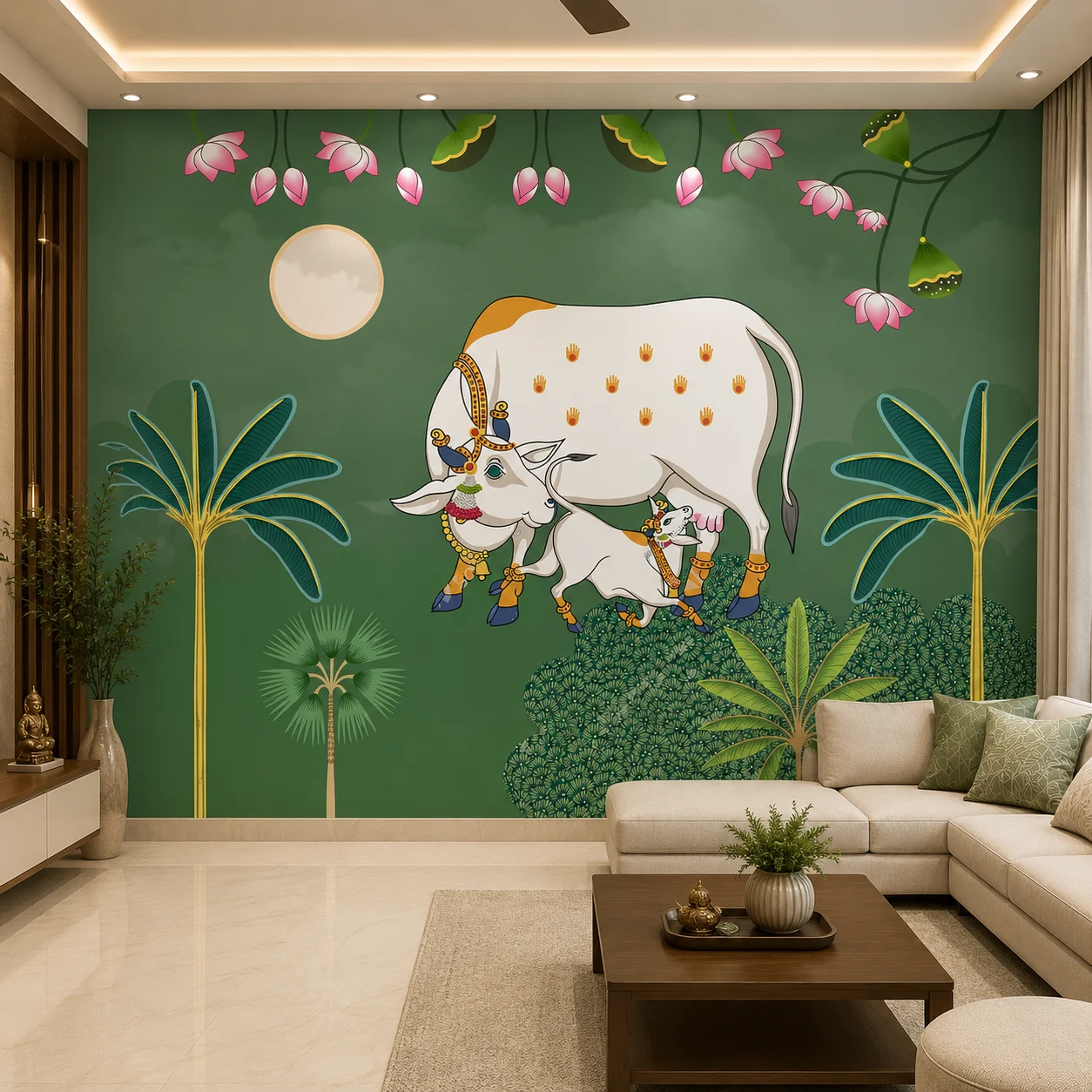 Botanical, Green Cow, Calf & Lotus Wallpaper for Walls 1 Botanical, Green Cow, Calf & Lotus Wallpaper for Walls