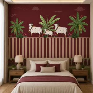 Burgundy, Indian Cow & Calf Burgundy Wallpaper for Puja Room