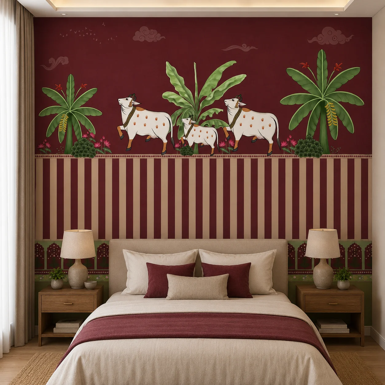Indian Cow & Calf Burgundy Wallpaper for Puja Room 1 Burgundy, Indian Cow & Calf Burgundy Wallpaper for Puja Room