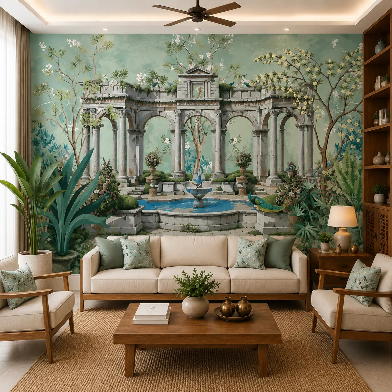 Classical Garden Courtyard with Peacock Design Wallpaper 1 Classical Garden Courtyard with Peacock Design Wallpaper