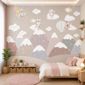 Cute Bunny Mountain Wallpaper for Girls Room, an Adorable Rabbit Nursery Mural.