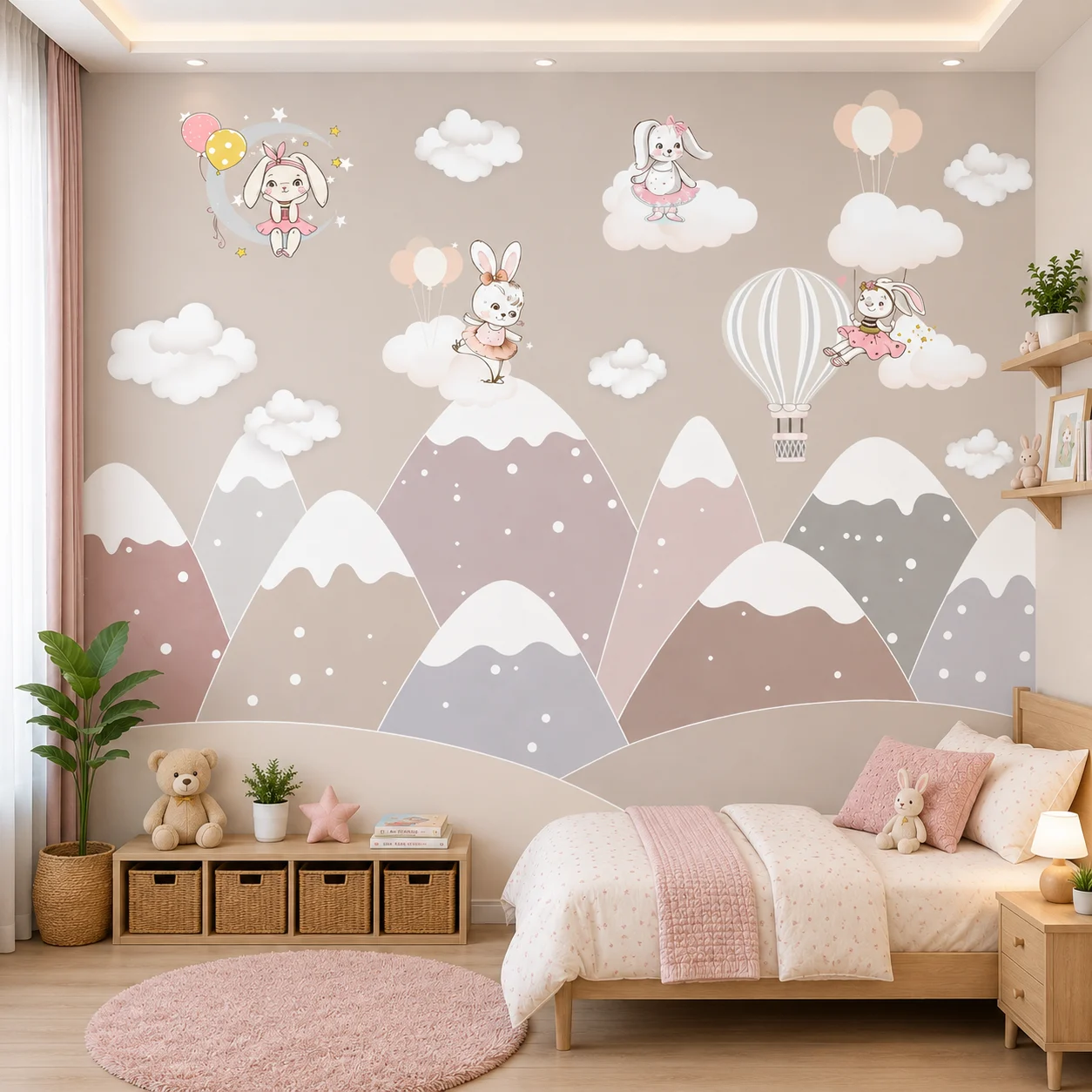 Cute Bunny Mountain Wallpaper for Girls Room, an Adorable Rabbit Nursery Mural. 1 Cute Bunny Mountain Wallpaper for Girls Room, an Adorable Rabbit Nursery Mural.