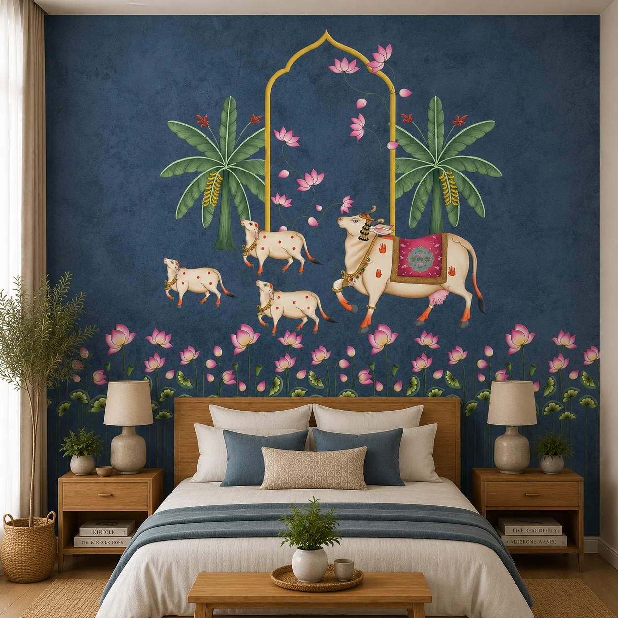 Dark Heritage, Indian Cow & Calf Lotus Wallpaper 2 Dark Blue Heritage, Indian Cow & Calf Lotus Wallpaper