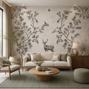 Deer Scene, Elegant Neutral Forest Wildlife Wallpaper
