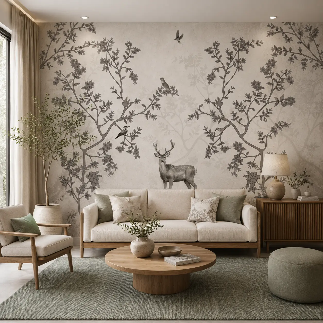 Deer Scene, Elegant Neutral Forest Wildlife Wallpaper 1 Deer Scene, Elegant Neutral Forest Wildlife Wallpaper