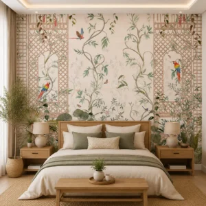 Elegant Aviary Garden Wallpaper with Parrot & Floral Trellis Design