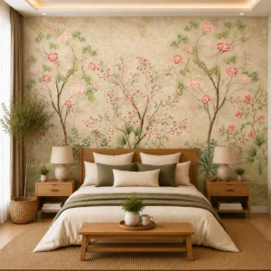 Elegant Blossom Tree Wallpaperwith Neutral Floral Garden in Warm Neutral Tones