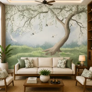 Enchanted Willow Tree Wallpaper with Crane & Blossom