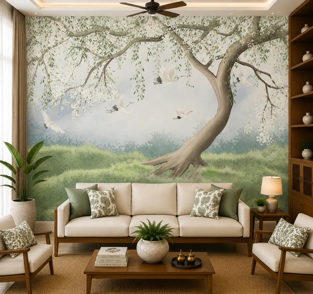 Enchanted Willow Tree Wallpaper with Crane & Blossom 1 Enchanted Willow Tree Wallpaper with Crane & Blossom