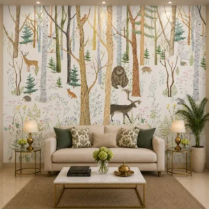 Enchanted Woodland Forest Wallpaper with Deer, Owl & Forest Animals