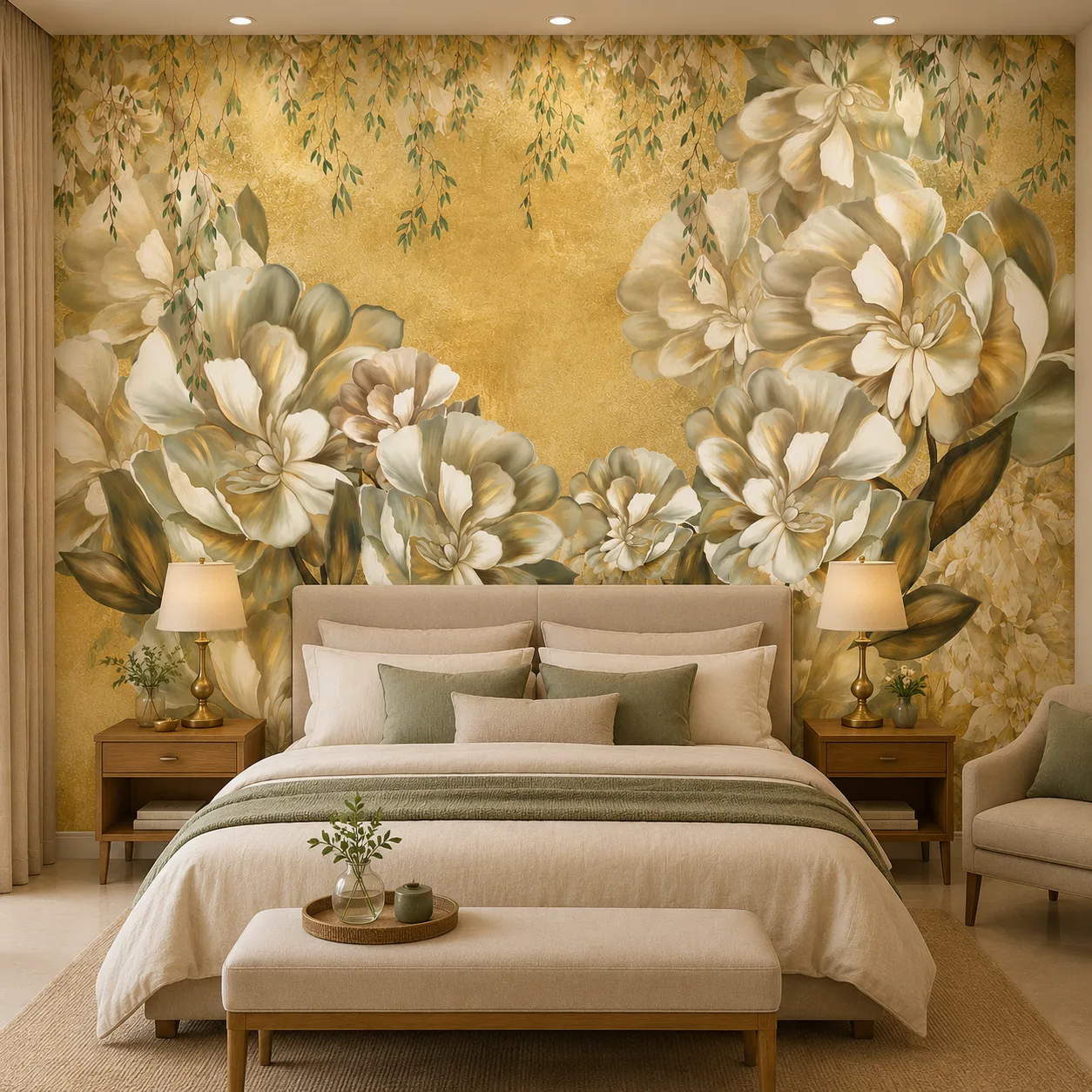 Golden Botanical Cream Flower & Vine Wallpaper 1 Golden Botanical Cream Flower & Vine Wallpaper
