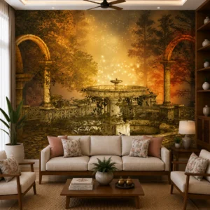 Golden Garden Fountain Wallpaper with Magical Forest & Vintage Design