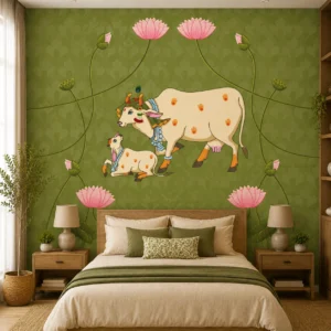Green Sacred Cow & Lotus Pichwai Wallpaper for Mandir