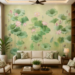 Green, Watercolor Lotus Garden Wallpaper