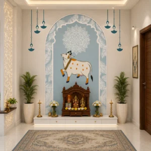 Indian Blue Temple Arch Devotional Cow & Mandala Wallpaper