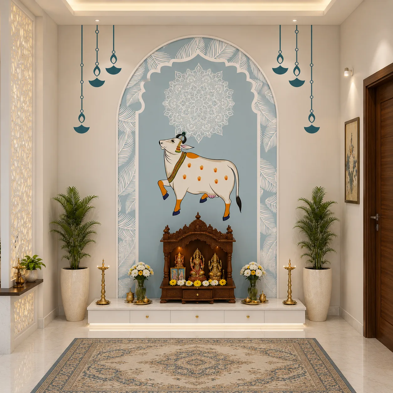Indian Blue Temple Arch Devotional Cow & Mandala Wallpaper 1 Indian Blue Temple Arch Devotional Cow & Mandala Wallpaper