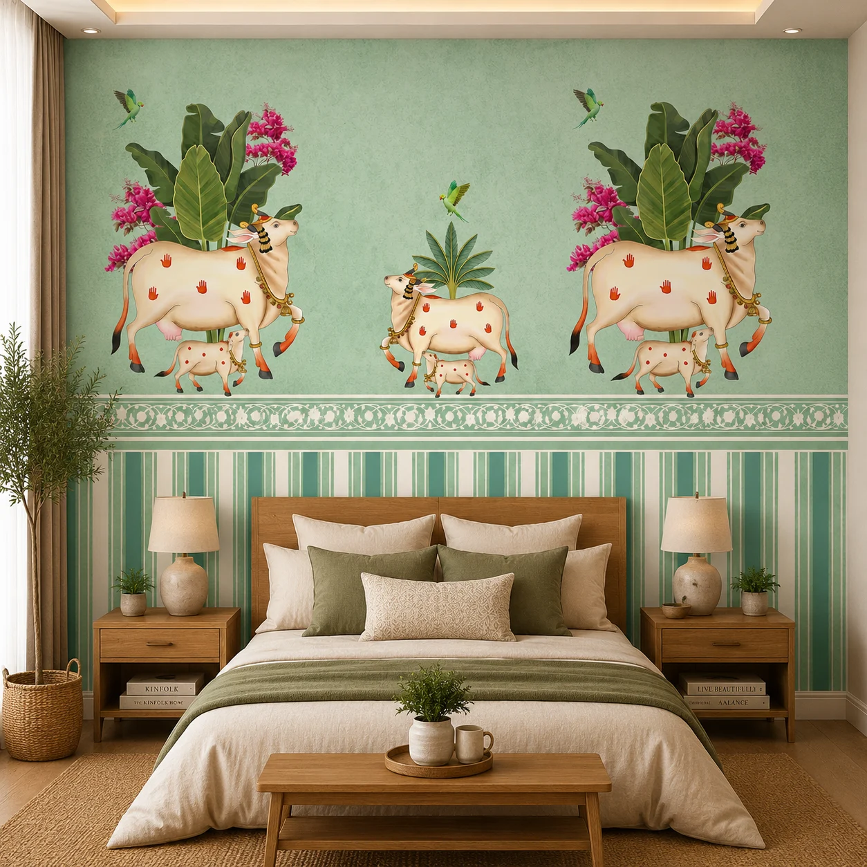 Indian Cow & Calf Tropical Wallpaper with Birds & Floral Motifs 1 Indian Cow & Calf Tropical Wallpaper with Birds & Floral Motifs