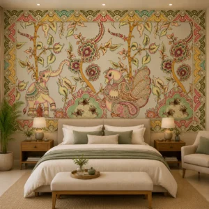 Indian Folk Art Elephant & Peacock Wallpaper