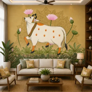 Indian Folk Art Lotus Cow Floral Wallpaper