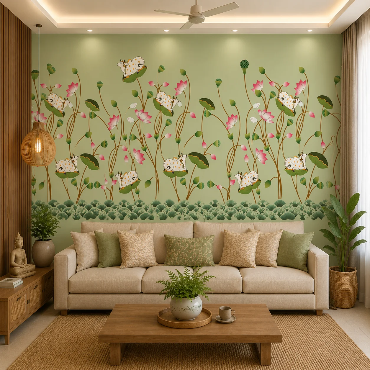 Indian Folk Art, Lotus & Sacred Cow Sage Green Wallpaper 1 Indian Folk Art, Lotus & Sacred Cow Sage Green Wallpaper