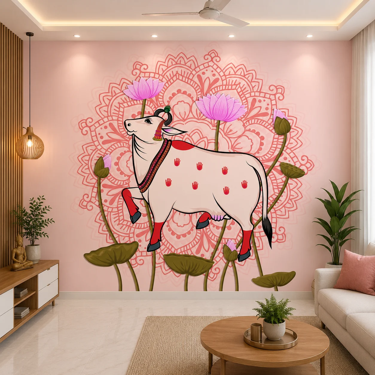 Indian Folk Art, Sacred Cow Lotus Mandala Wallpaper for Puja Room or Mandir 1 Indian Folk Art, Sacred Cow Lotus Mandala Wallpaper for Puja Room or Mandir