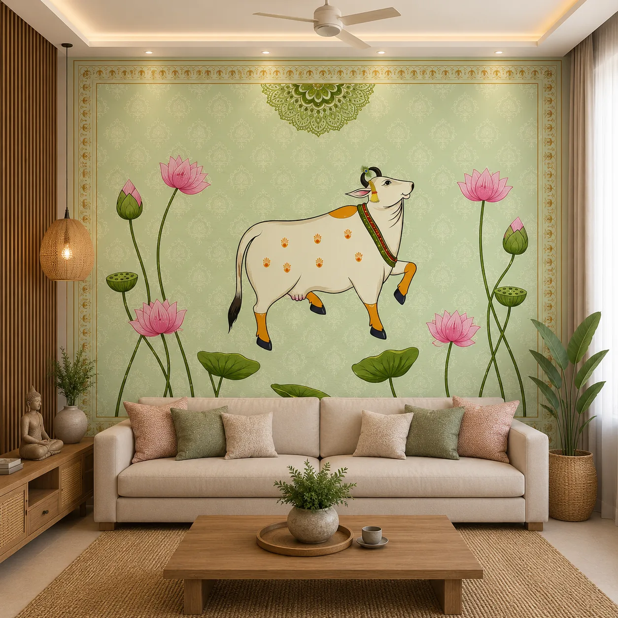 Indian Folk Cow & Lotus Wallpaper for Pooja Room 1 Indian Folk Cow & Lotus Wallpaper for Pooja Room