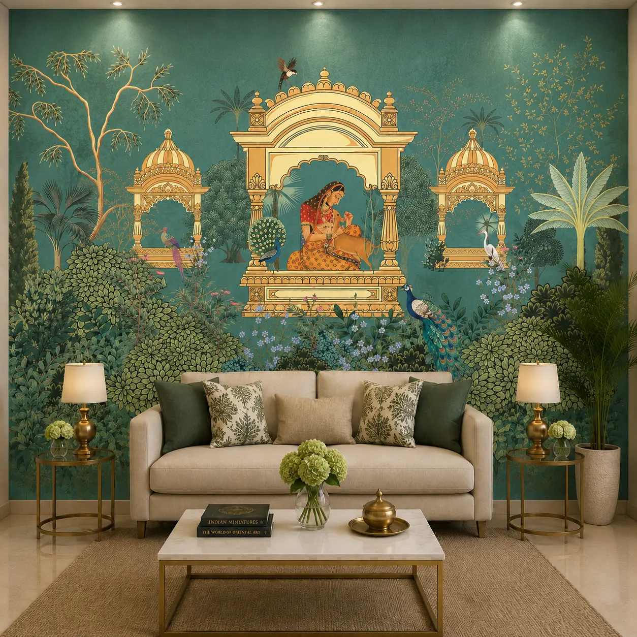 Indian Garden, Palace Pavilion, Peacock & Botanical Landscape Wallpaper 1 Indian Garden, Palace Pavilion, Peacock & Botanical Landscape Wallpaper
