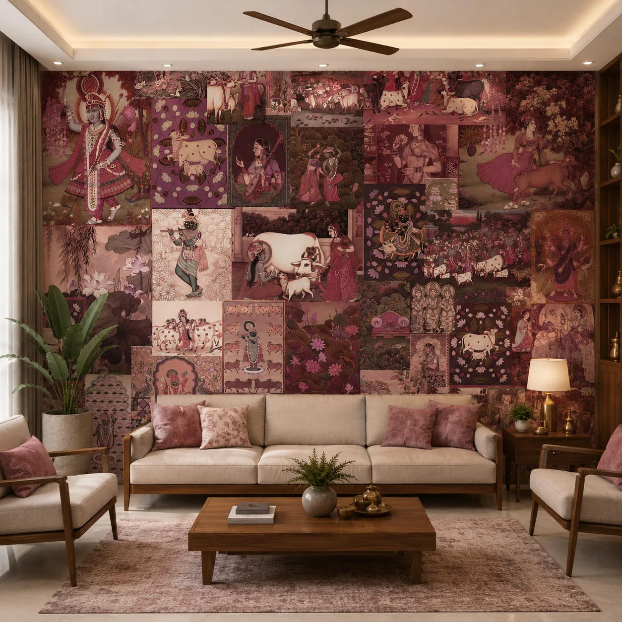 Indian Heritage Pichwai Wallpaper with Burgundy Folk Art 1 Indian Heritage Pichwai Wallpaper with Burgundy Folk Art