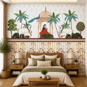 Indian Palace & Peacock Wallpaper with Cow, Lotus & Tropical Garden design