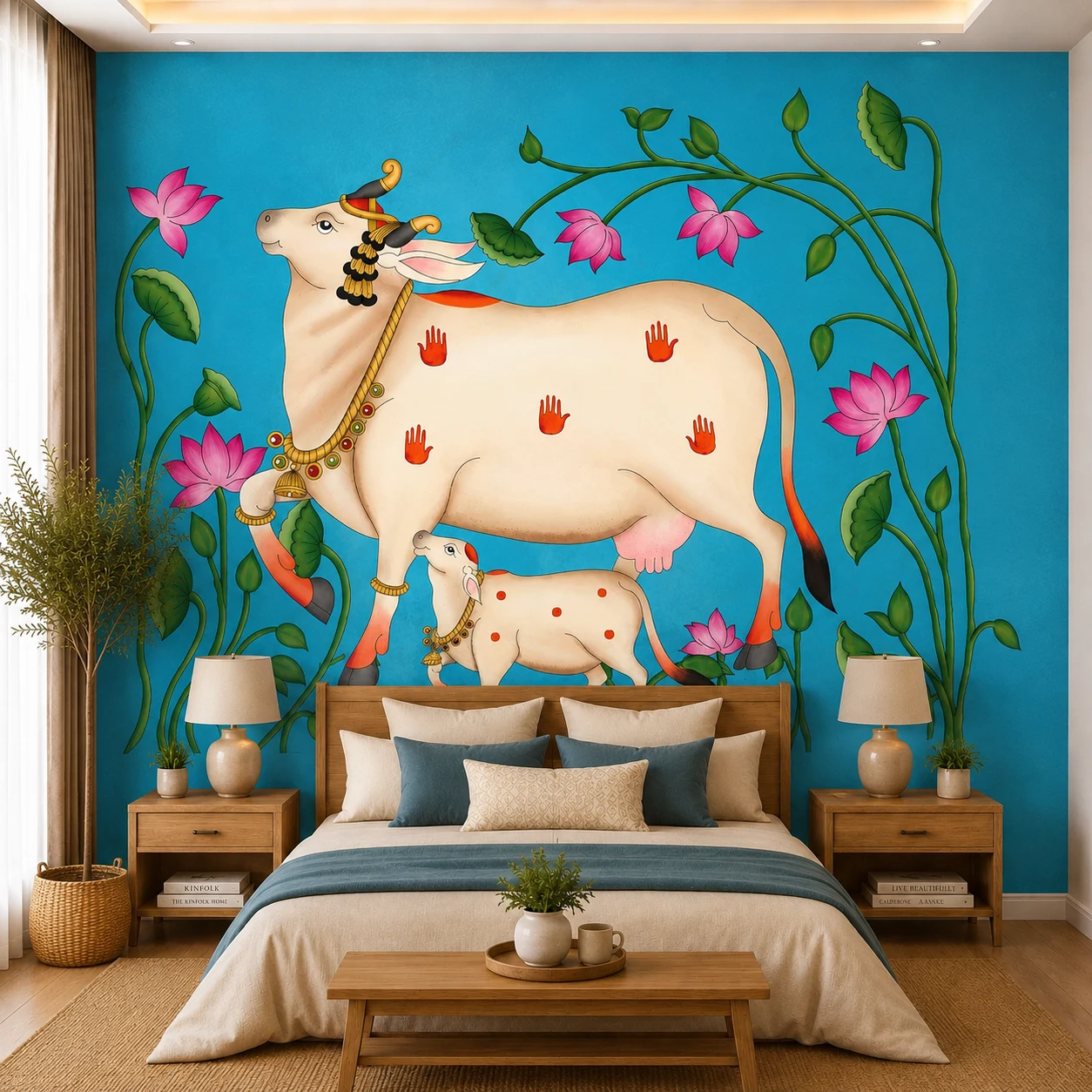 Indian Traditional Cow & Lotus Wallpaper for Puja Room 1 Indian Traditional Cow & Lotus Wallpaper for Puja Room