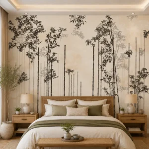 Japanese Black & Beige Zen Bamboo Forest Wallpaper