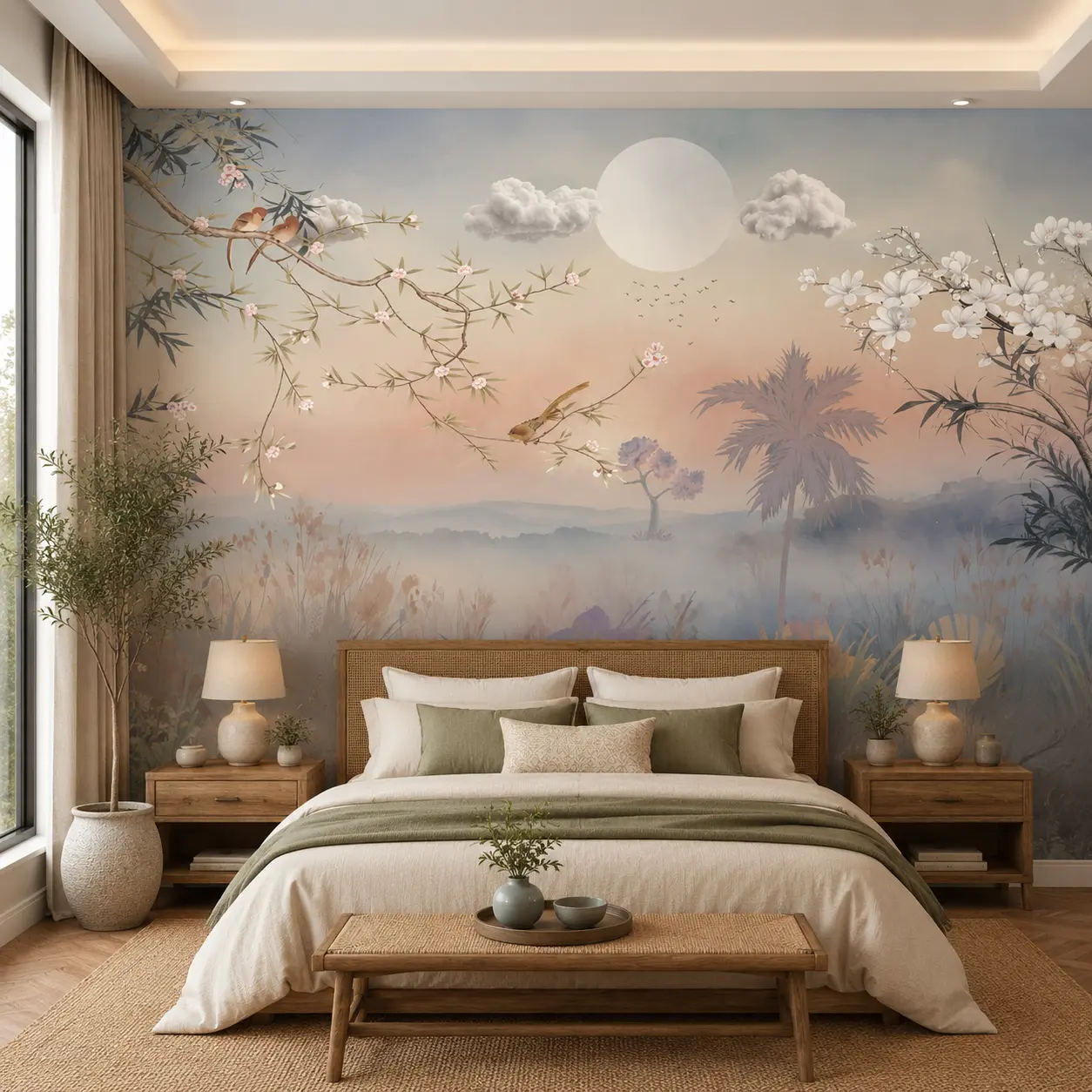 Japanese Landscape Moonlit Blossom Trees & Misty Nature Wallpaper 1 Japanese Landscape Moonlit Blossom Trees & Misty Nature Wallpaper