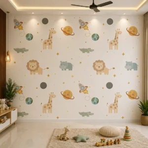 Kids Space & Safari Animals Wallpaper with Cute Giraffe, Lion, Dinosaur & Planet