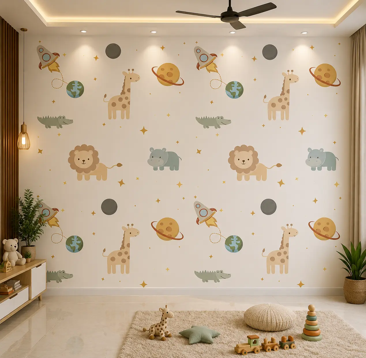 Kids Space & Safari Animals Wallpaper with Cute Giraffe, Lion, Dinosaur & Planet 1 Kids Space & Safari Animals Wallpaper with Cute Giraffe, Lion, Dinosaur & Planet