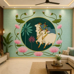 Lotus Sacred Cow Family & Floral Pichwai Wallpaper