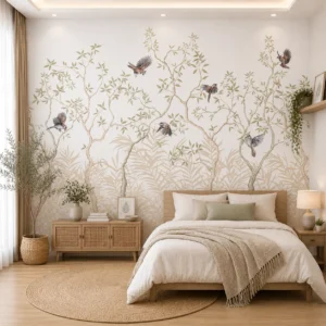 Minimal, Neutral Botanical Tree & Birds Wallpaper